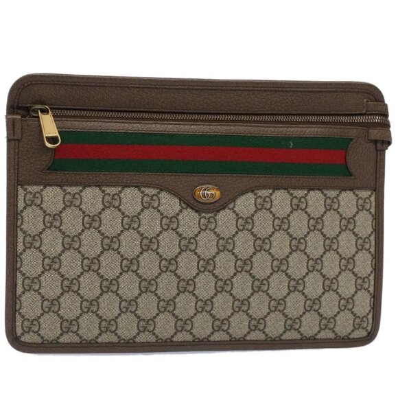 GUCCI GG Canvas Web Sherry Line Clutch Bag Beige Red Green - Picture 1 of 16